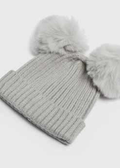 Baby Grey Double Pom Pom Beanie (Newborn-24mths)