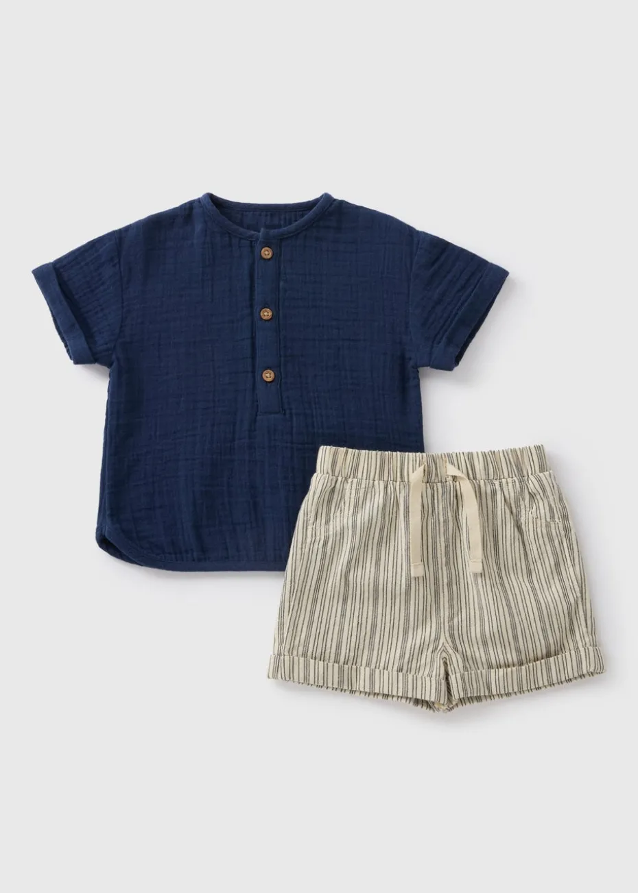 Baby Navy Crinkle Top & Short Set (Newborn-23mths)