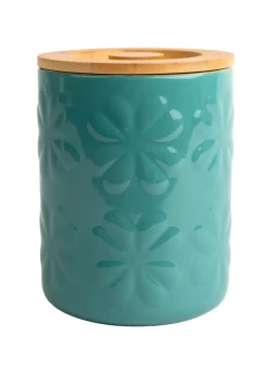 Beau & Elliot Teal Carnaby Large Porcelain Embossed Jar with Bamboo Lid