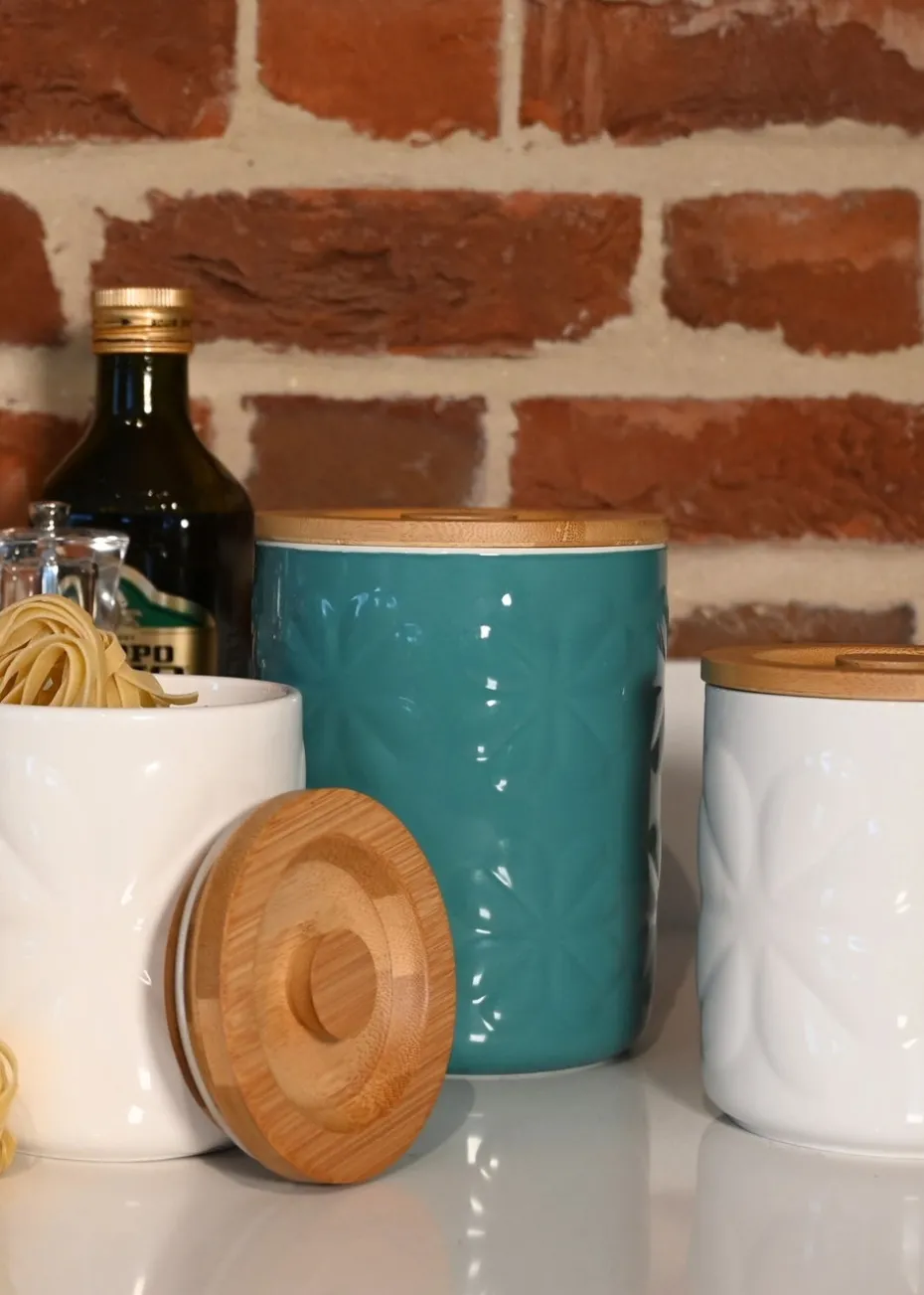 Beau & Elliot Teal Carnaby Large Porcelain Embossed Jar with Bamboo Lid