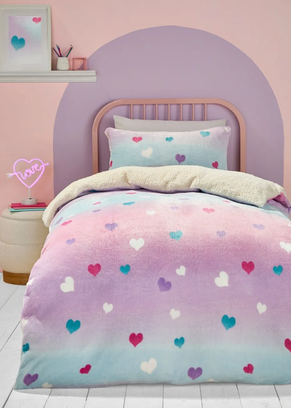 Bedlam Cosy Ombre Heart Pink Plush Duvet Cover Set