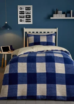 Bedlam Cosy Theo Check Blue Plush Duvet Cover Set