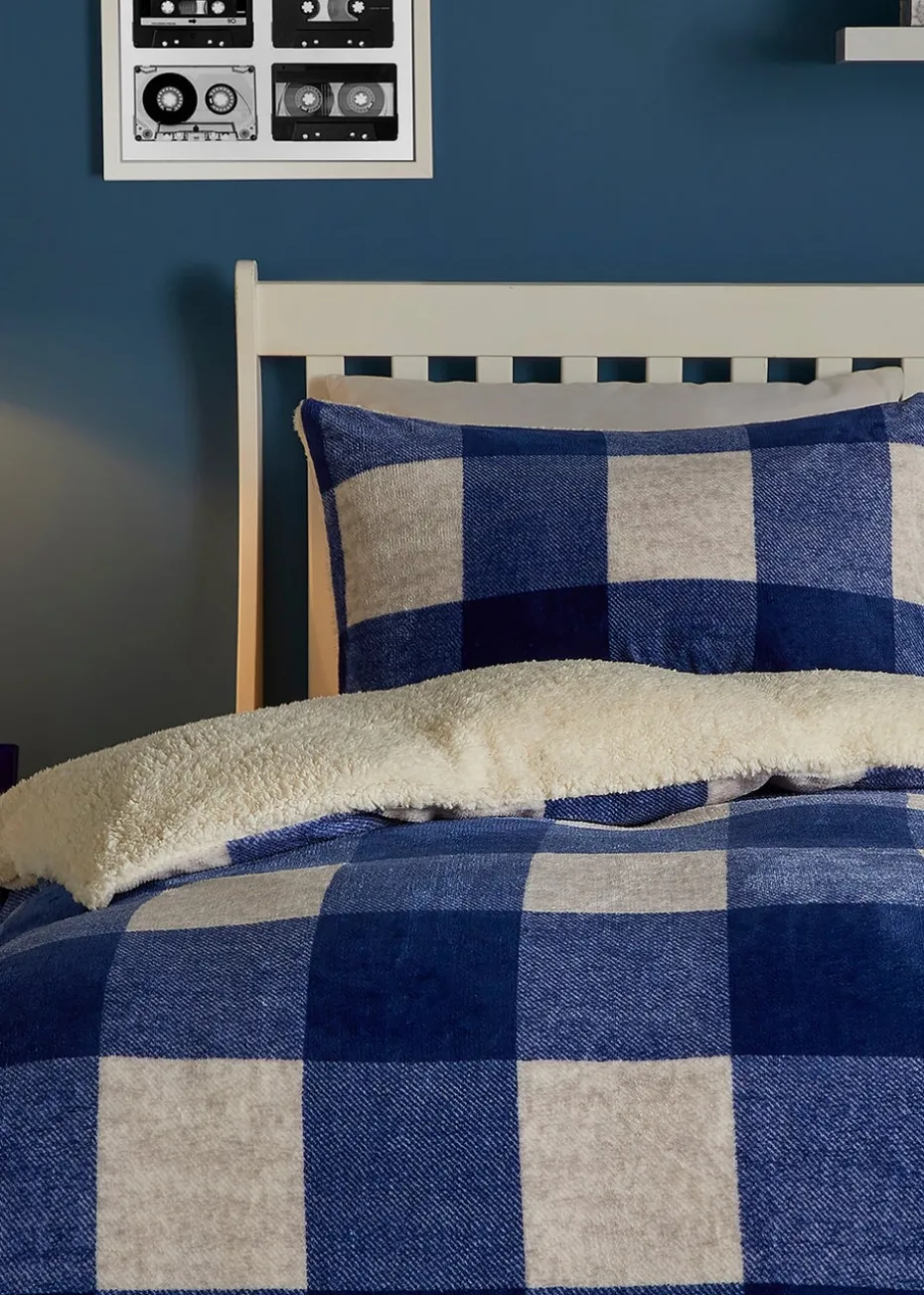 Bedlam Cosy Theo Check Blue Plush Duvet Cover Set