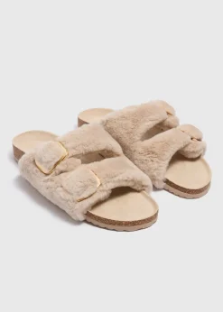 Beige Double Buckle Footbed Slippers