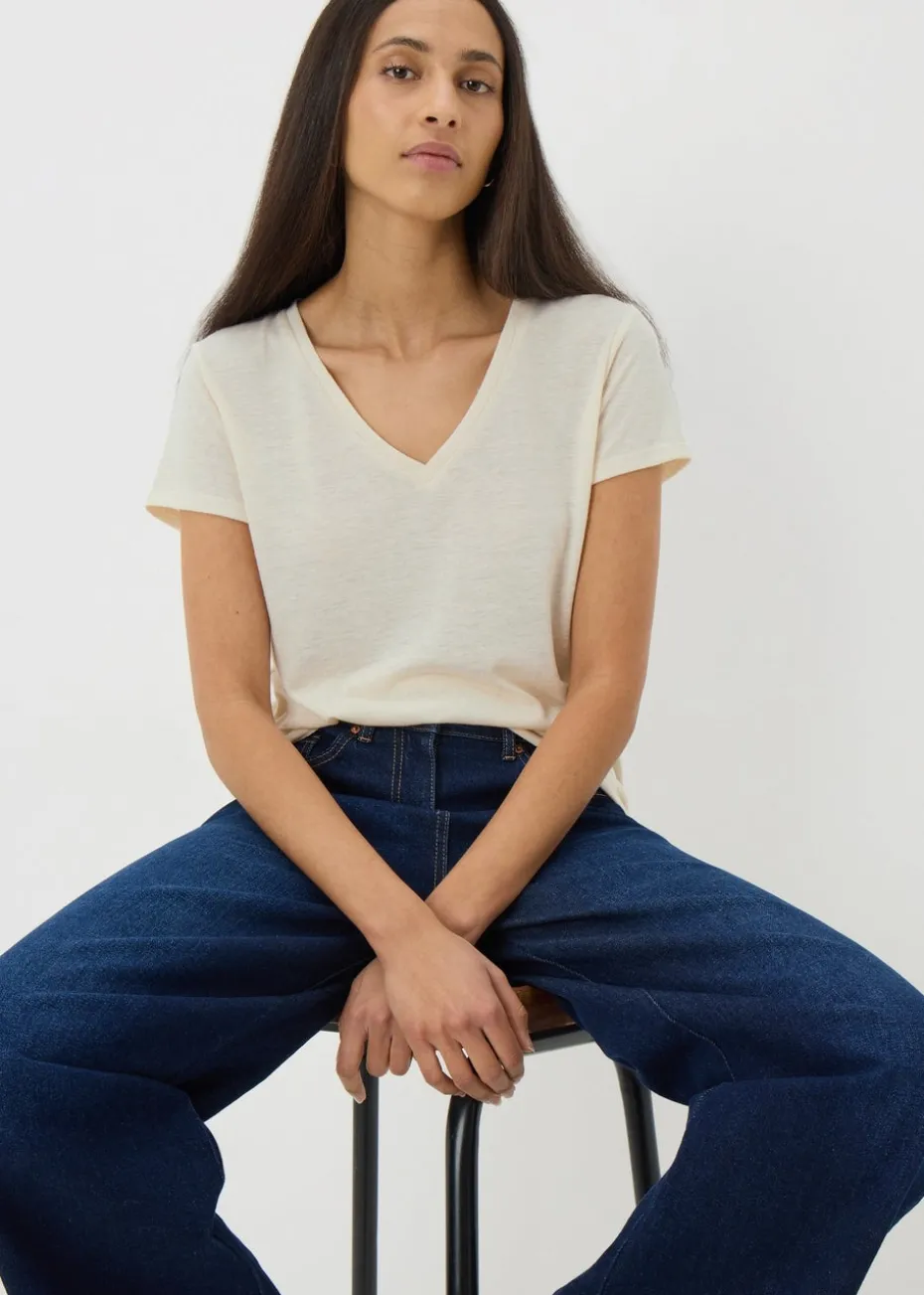 Beige Linen Blend V-Neck T-Shirt