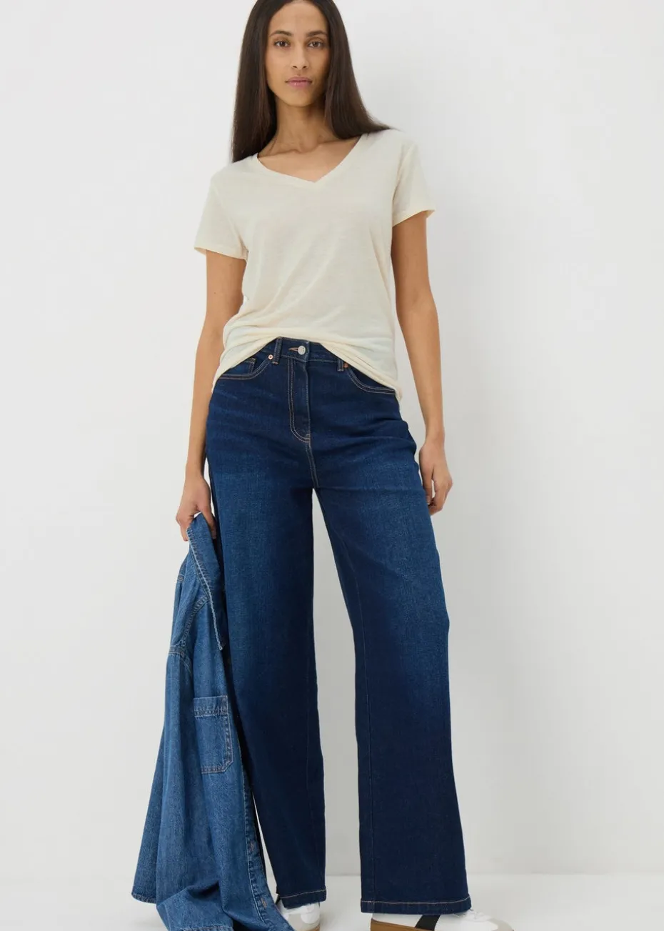 Beige Linen Blend V-Neck T-Shirt