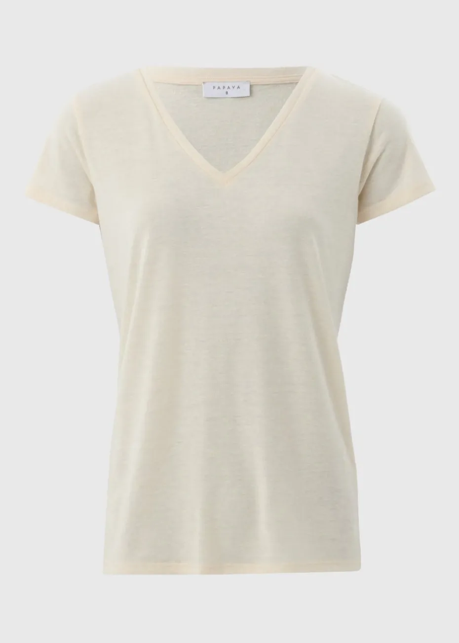Beige Linen Blend V-Neck T-Shirt