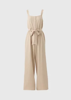 Beige Stripe Button Front Jumpsuit