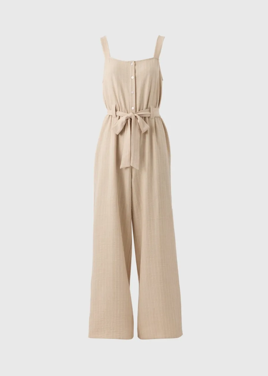 Beige Stripe Button Front Jumpsuit