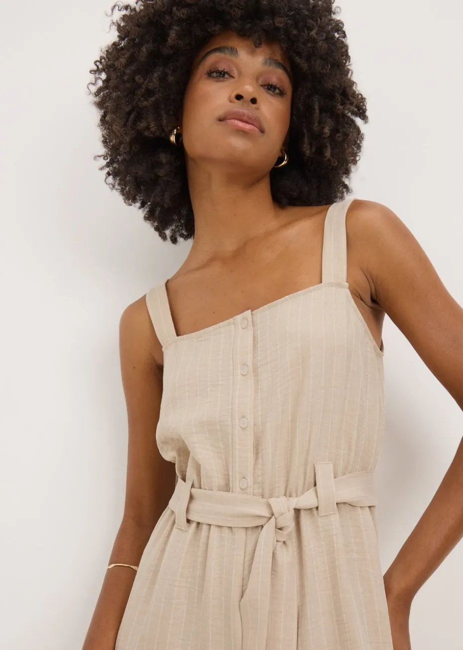 Beige Stripe Button Front Jumpsuit