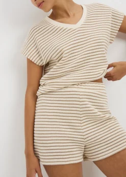 Beige Stripe Textured Co Ord Shorts