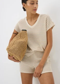 Beige Stripe Textured V Neck Co Ord Top