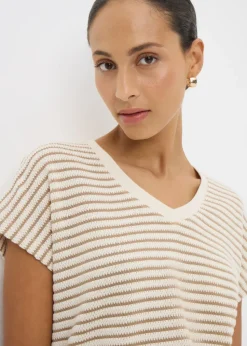 Beige Stripe Textured V Neck Co Ord Top