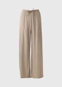 Beige Textured Wide Leg Trousers