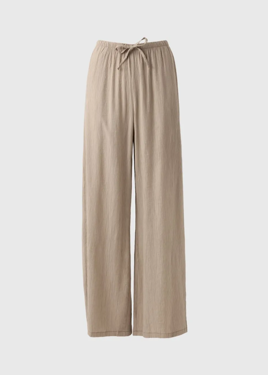 Beige Textured Wide Leg Trousers