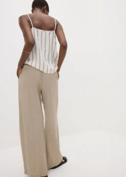 Beige Textured Wide Leg Trousers