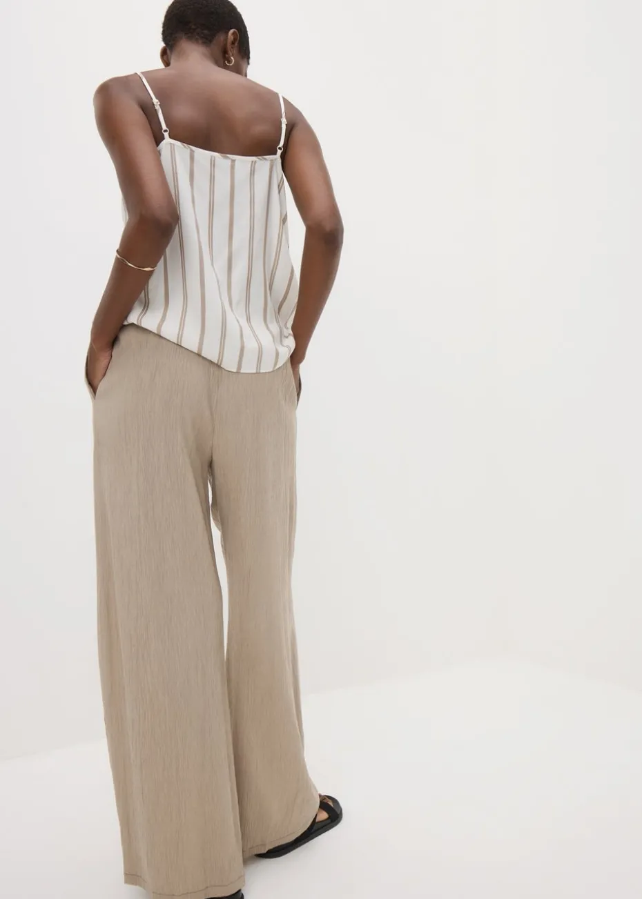 Beige Textured Wide Leg Trousers