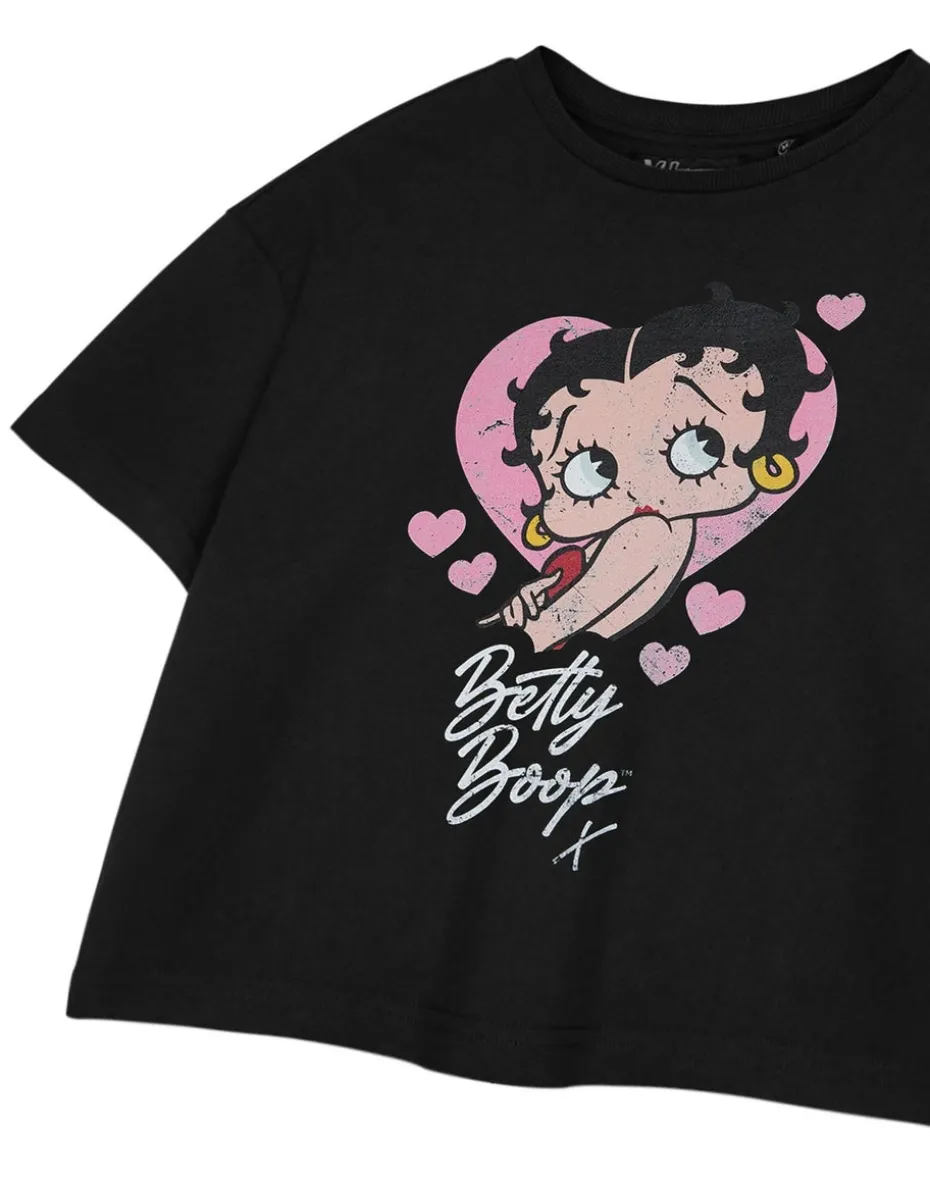 Betty Boop Heart Black Cropped Short Sleeved T-Shirt