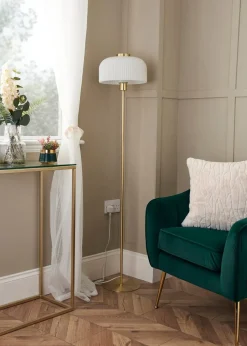 BHS Costa Brass Floor Lamp with Ribbed White glass (145cm x 29cm)