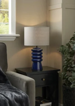 BHS Fava Ribbed Glass Table Lamp Blue (45cm x 27cm)