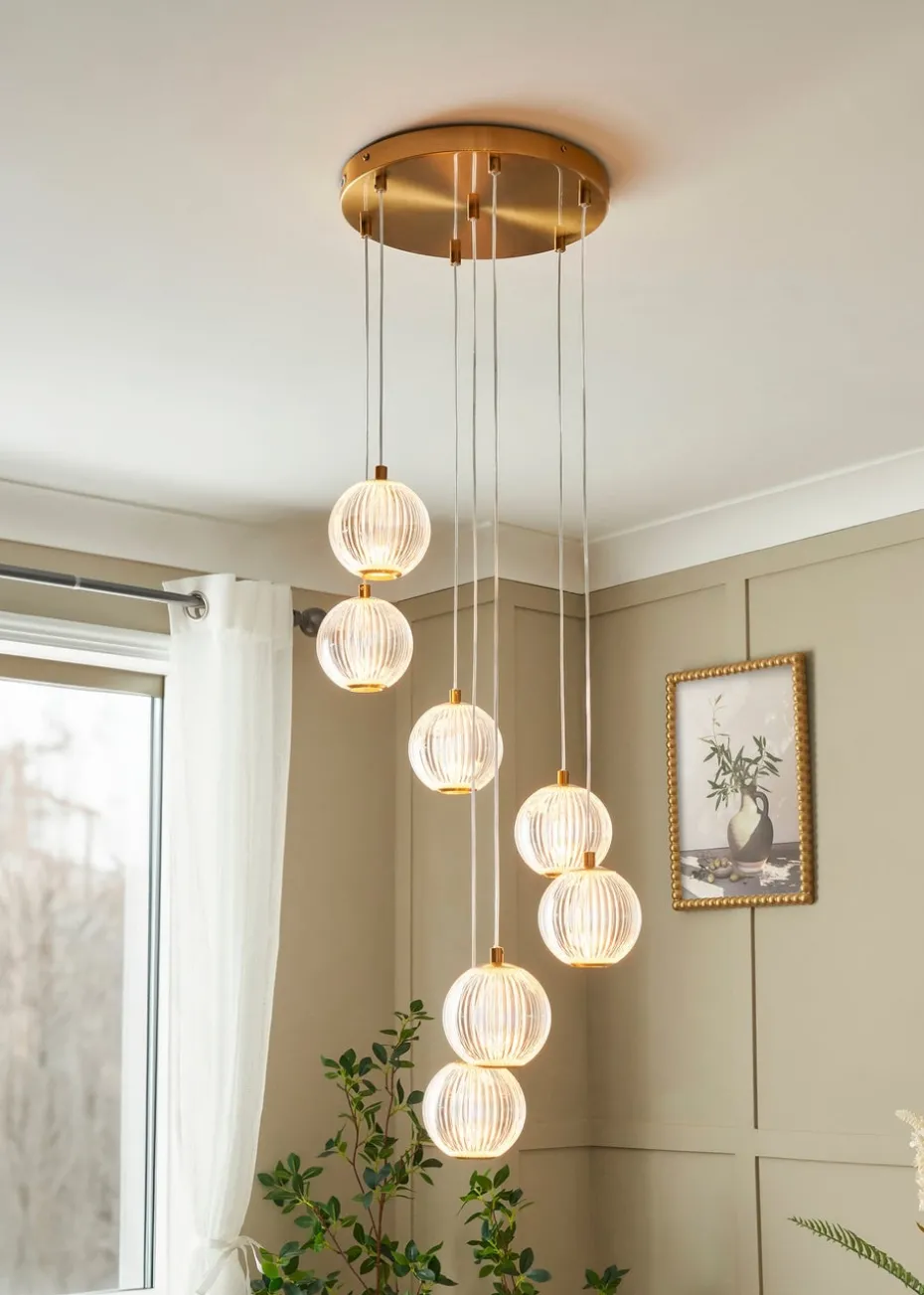 BHS Lighting Raeden LED Brass Acrylic Ball 7 Light Cascade (80-110cm x 36cm)