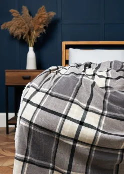 BHS Luxury Warm Grey Check Throw With Faux-Shearling (130x150cm)