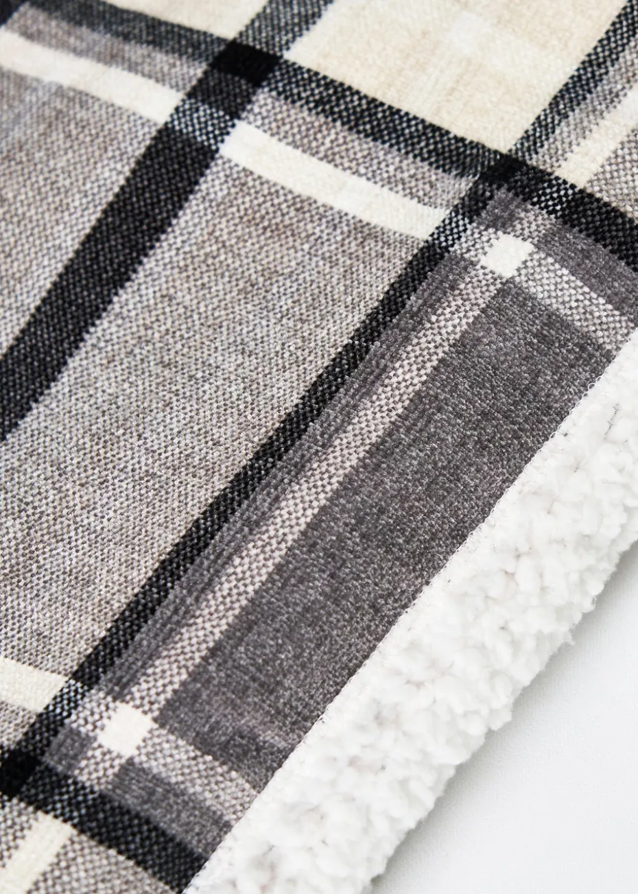 BHS Luxury Warm Grey Check Throw With Faux-Shearling (130x150cm)