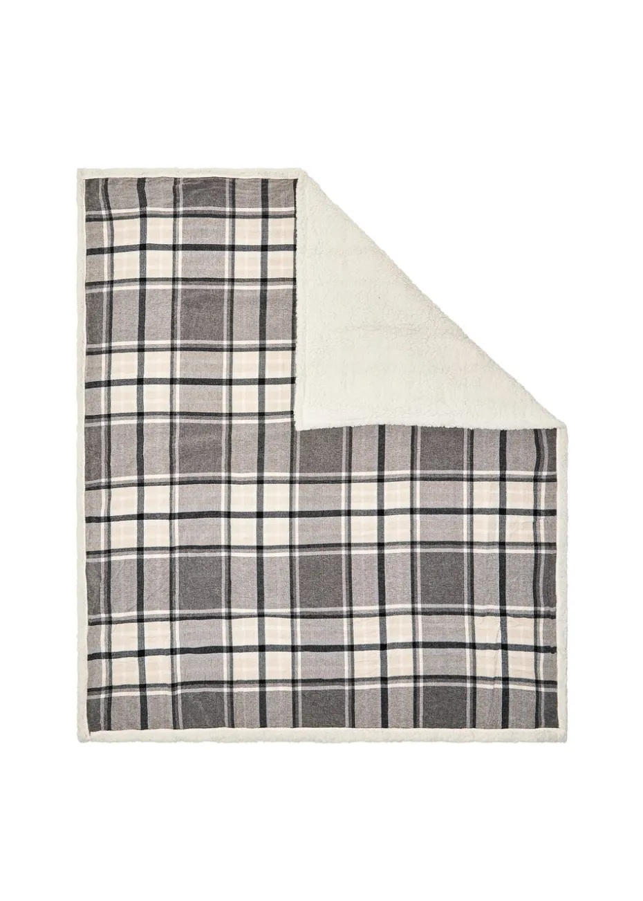 BHS Luxury Warm Grey Check Throw With Faux-Shearling (130x150cm)