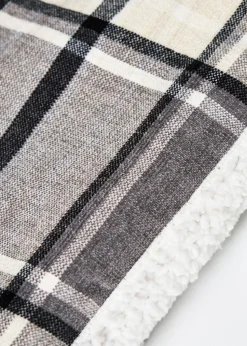 BHS Luxury Warm Grey Check Throw With Faux-Shearling (130x150cm)