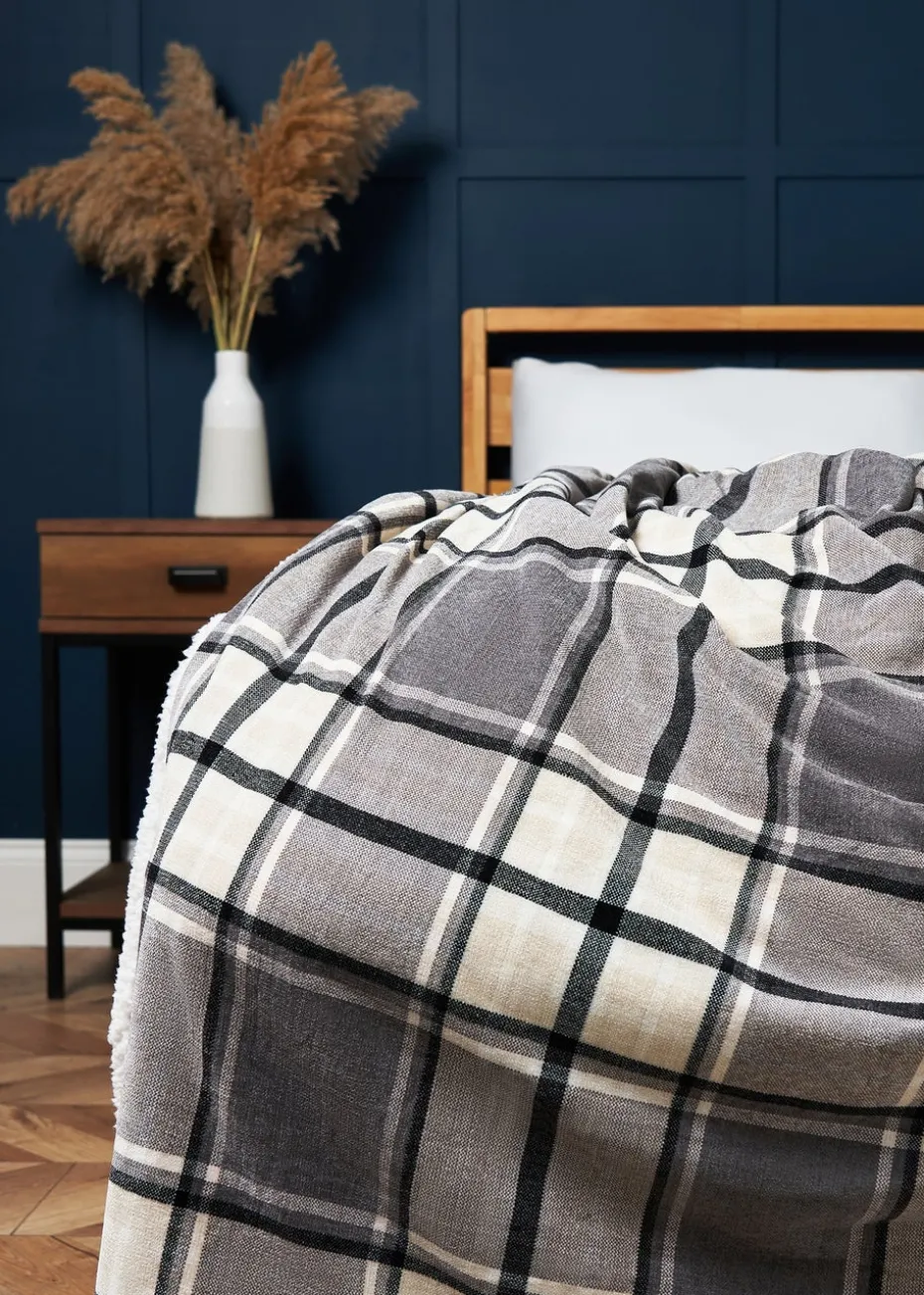 BHS Luxury Warm Grey Check Throw With Faux-Shearling (130x150cm)