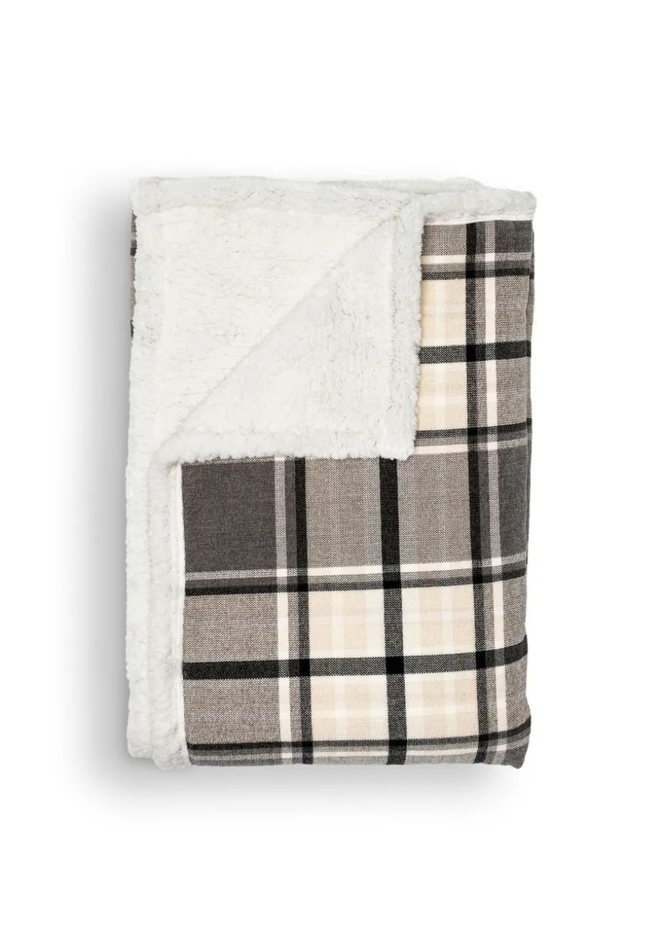 BHS Luxury Warm Grey Check Throw With Faux-Shearling (130x150cm)