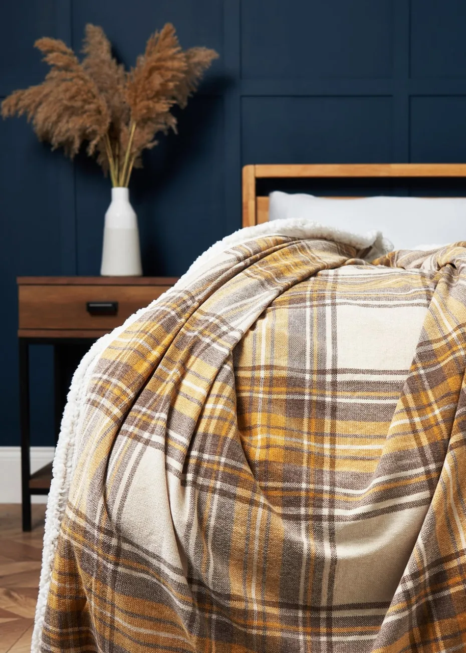 BHS Luxury Warm Ochre Check Throw with Faux-Shearling (130x150cm)