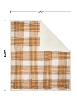 BHS Luxury Warm Ochre Check Throw with Faux-Shearling (130x150cm)