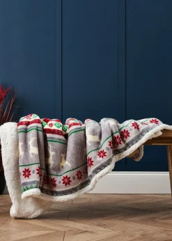 BHS Red Christmas Stag Throw Red with Faux-Shearling