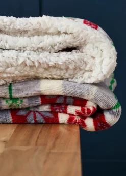 BHS Red Christmas Stag Throw Red with Faux-Shearling