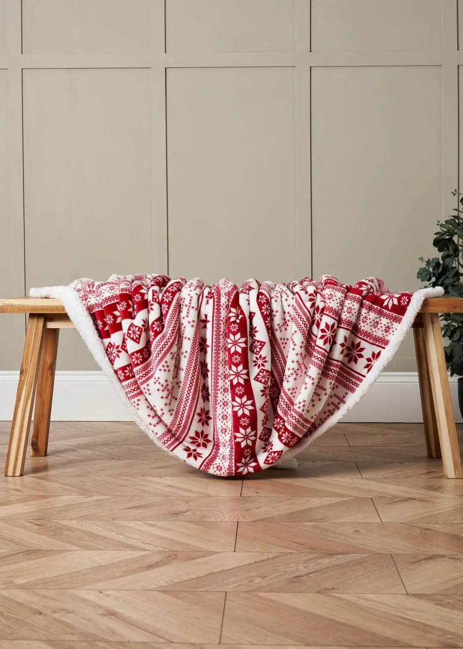 BHS Red Fair Isle Throw with Faux-Shearling Back