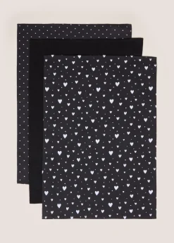 Black 3 Pack Mono Heart Print Tea Towel