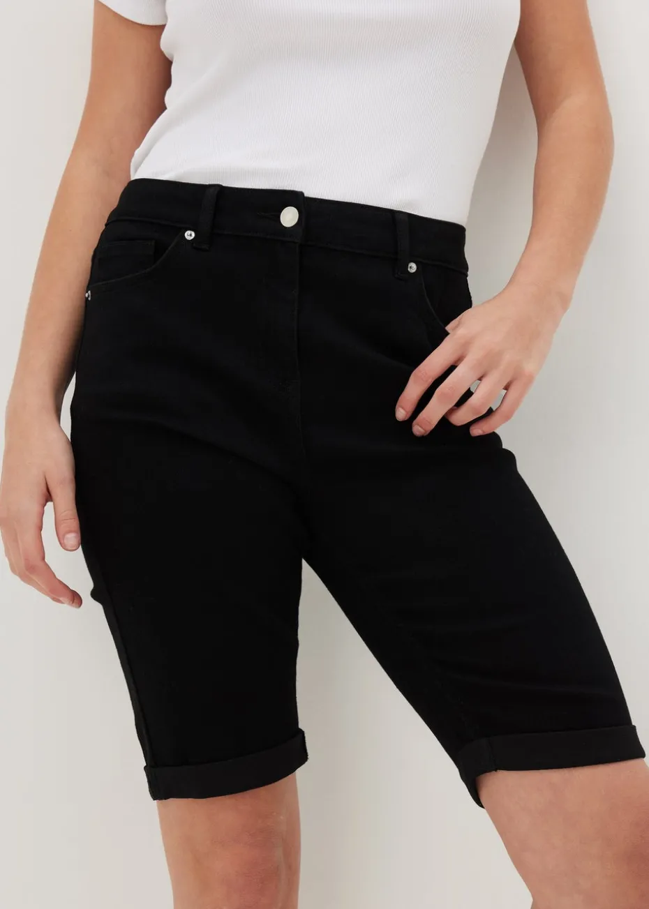 Black Denim Knee Length Shorts
