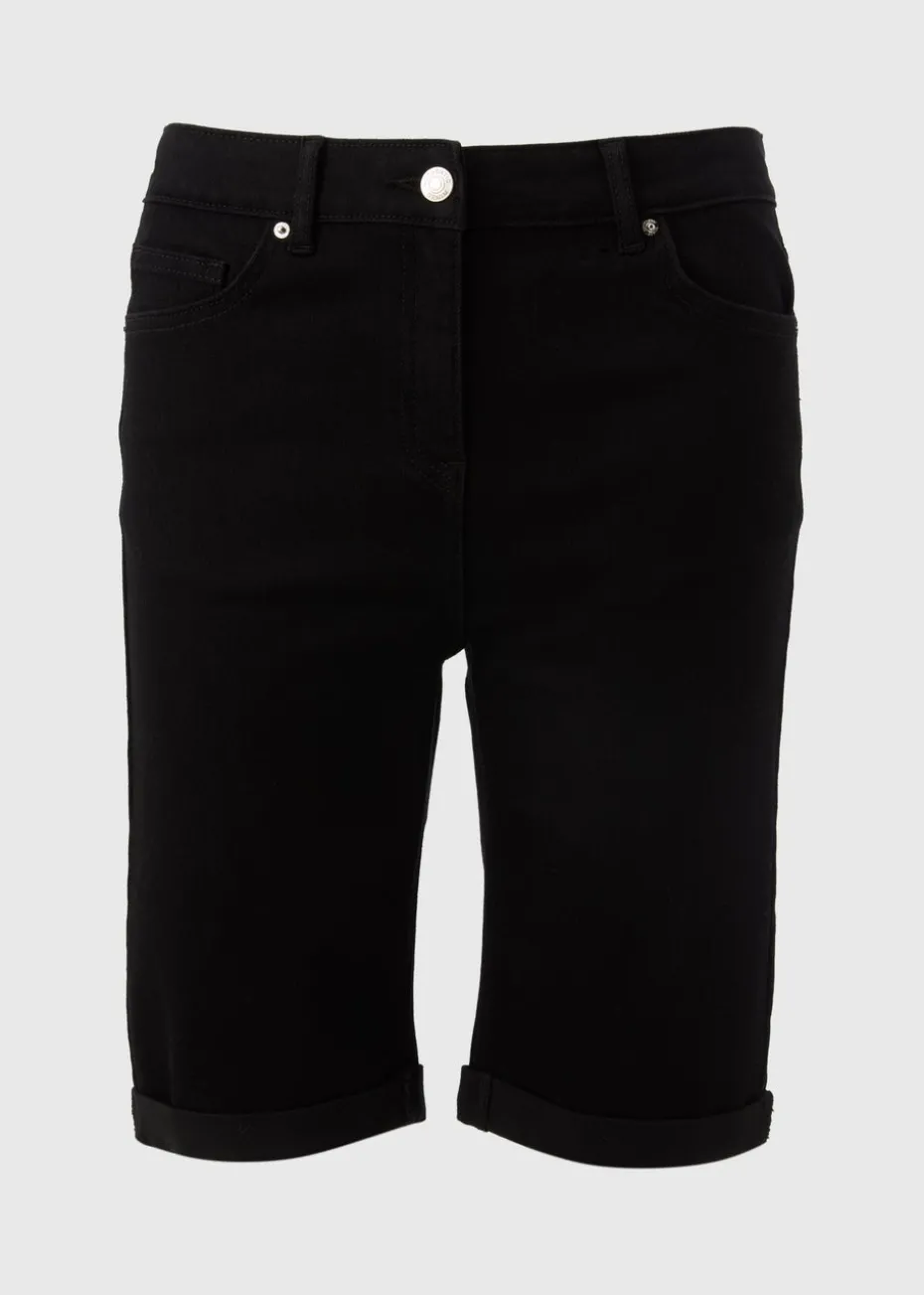Black Denim Knee Length Shorts