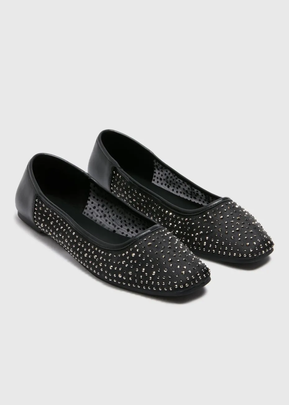 Black Diamante Mesh Ballet Flats