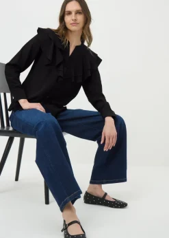 Black Double Ruffle Neck Blouse