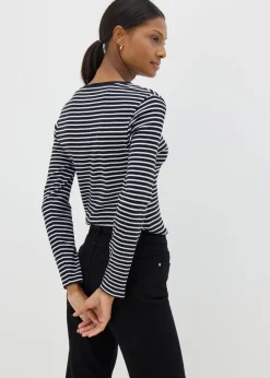 Black Fitted Long Sleeve Stripe Top