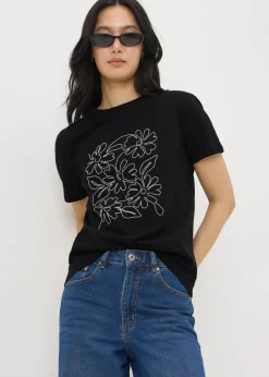 Black Floral Embroidered T-Shirt