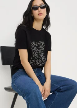 Black Floral Embroidered T-Shirt