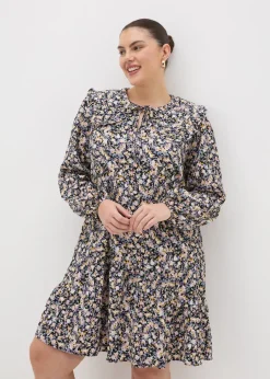 Black Floral Oversized Collar Mini Dress