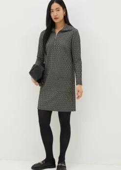 Black Jacquard Half Zip Mini Dress