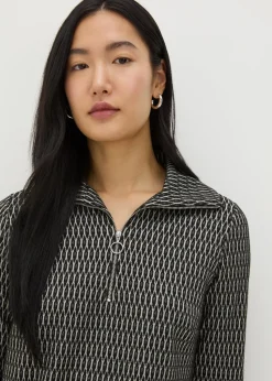 Black Jacquard Half Zip Mini Dress