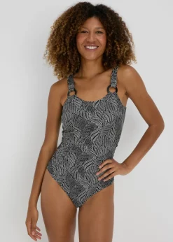 Black Leaf Print Ring Swimsuit