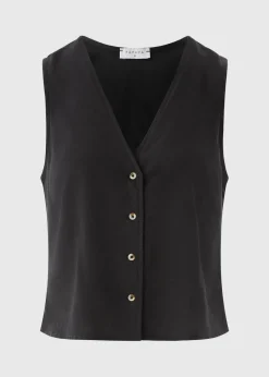 Black Linen Blend Button Up Vest Top