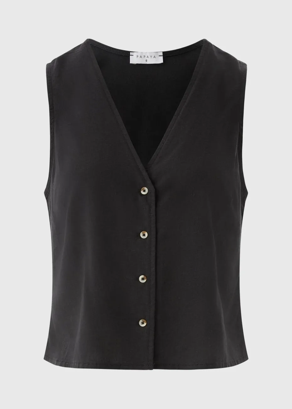 Black Linen Blend Button Up Vest Top